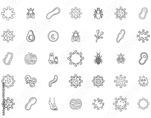 Collection of icons depicting bacteria, viruses, insects, and food items