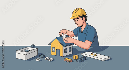 Construction worker assembling miniature house model with care and precision