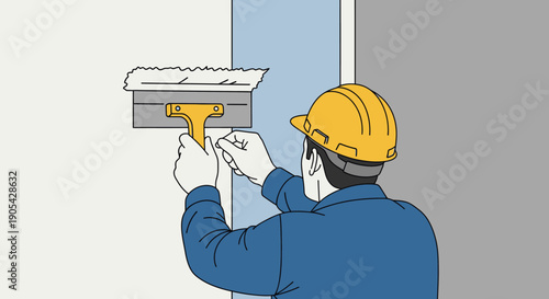 Worker applying plaster on wall with trowel in minimalist style