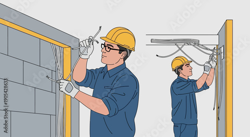 Electricians installing wiring in construction site with precision and safety
