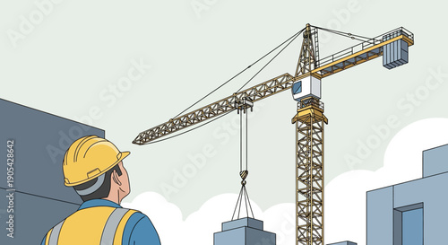 Construction worker observing tower crane lifting heavy materials at job site