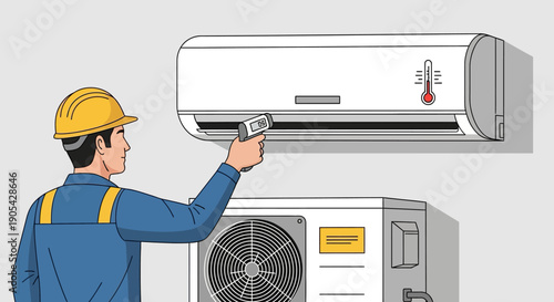 Technician checking temperature of air conditioning unit with infrared thermometer