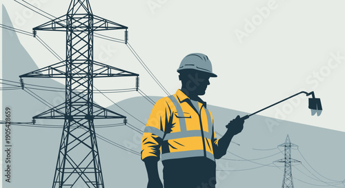 Silhouette worker near power lines in safety gear