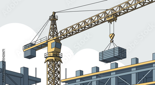 Construction scene with crane lifting materials at building site in flat style