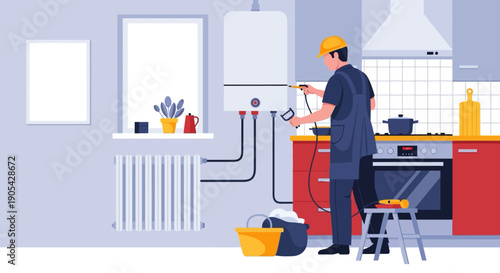 Professional technician fixing kitchen boiler in modern home interior