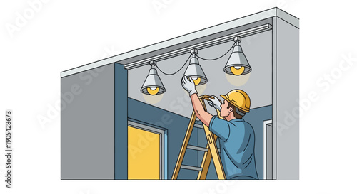Electrician adjusting ceiling lights on ladder in modern interior setting