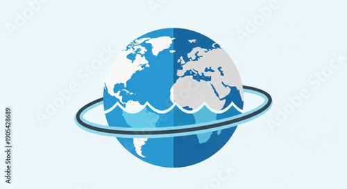 Earth globe with ocean waves and ring on light blue background symbolizing environmental protection and sustainability