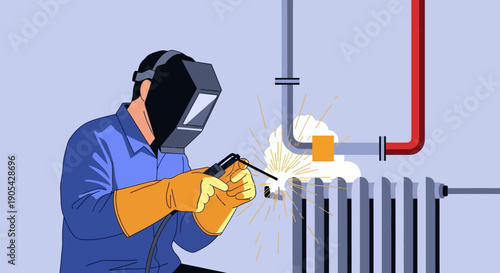 Welder repairing radiator: safety gear and industrial work process