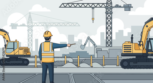 Construction site with worker overseeing heavy machinery and cranes in city setting