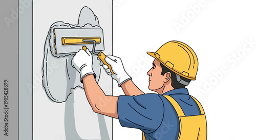 Construction worker applying plaster with trowel on wall in minimalist style illustration