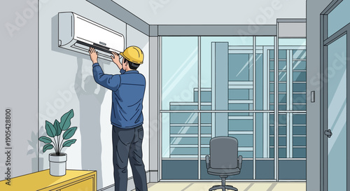 Technician installing air conditioning unit in modern office with large windows