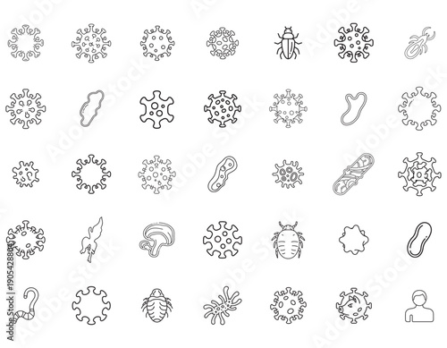Microbe and virus icons collection set, outline icons for science and health