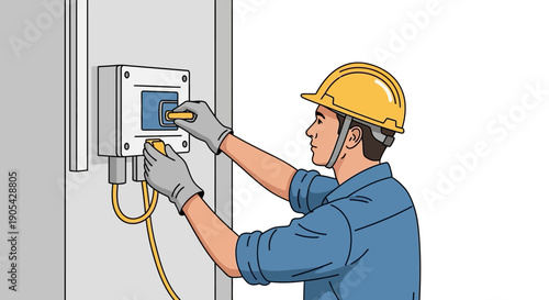 Electrician installing smart meter with safety gear in flat style