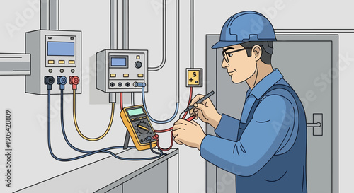 Electrician using multimeter in industrial setting with modern linear style