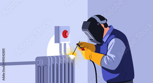Welder with safety gear and radiator in modern flat design