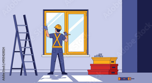 Worker installing window in modern home with construction tools and ladder