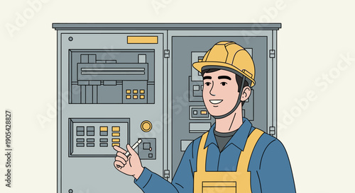 Electrician operating control panel in modern line art style for industrial safety