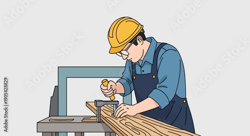 Carpenter using chisel and hammer in workshop to shape wood board