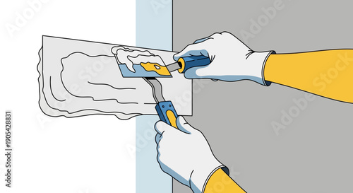 Flat style handyman applying plaster with trowel for home renovation and repair