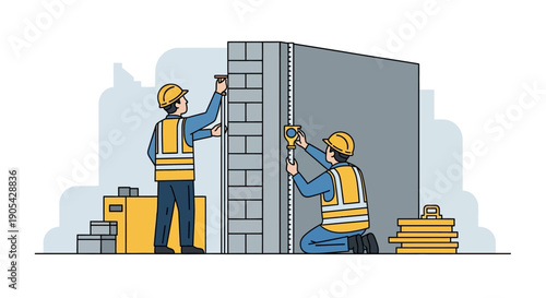 Construction workers building wall with bricks in urban setting
