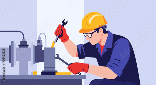 Factory worker in safety helmet operating machinery in industrial setting