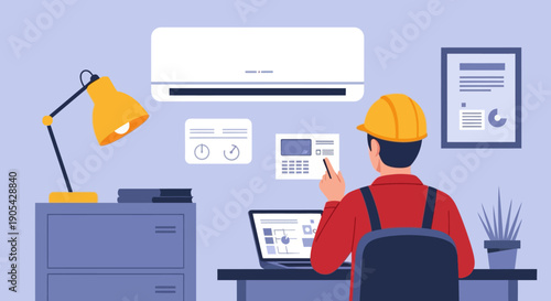 Technician adjusting air conditioning system in modern office workspace