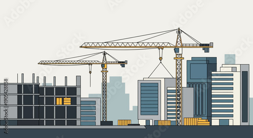 Urban construction scene with cranes and city buildings in flat design