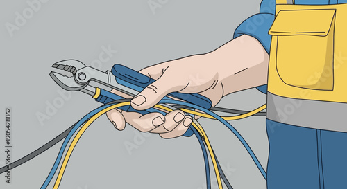 Electrician holding pliers and wires in hand-drawn cartoon style
