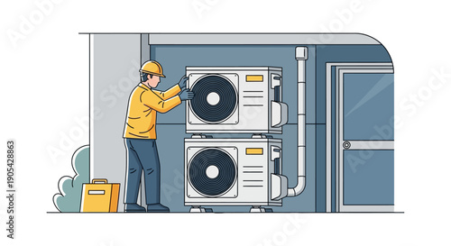 Technician inspecting air conditioning units in modern linear style illustration