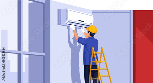 Technician installing air conditioner on wall with ladder in modern building