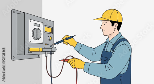 Electrician repairing control panel in flat design style