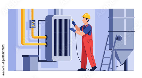 Technician in safety gear repairing industrial equipment in modern factory setting