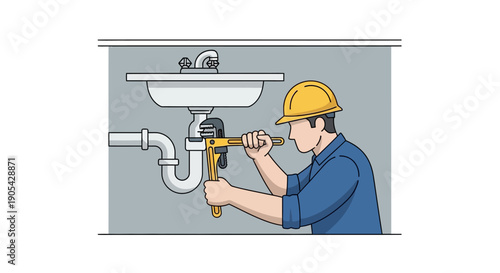 Plumber fixing sink with adjustable wrench in cartoon style graphic