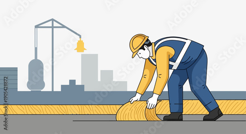 Construction worker installing insulation on building site with crane in background