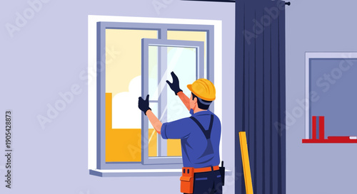 Worker installing modern double glazed window in home renovation scene