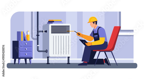 Technician inspecting furnace in modern home interior setting