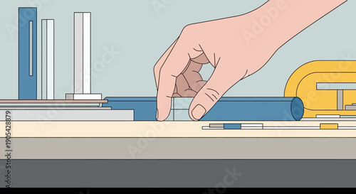 Detailed line art of hand arranging geometric shapes on a tabletop