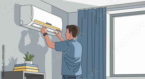 Technician fixing air conditioner at home in modern flat design