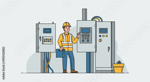 Engineer monitoring control panels in industrial setting with safety gear