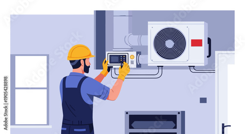 Technician adjusting air conditioning unit in modern interior room