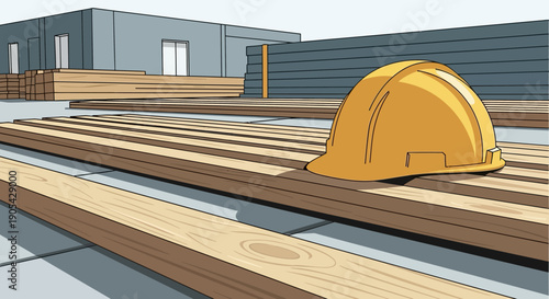 Construction site with helmet on wooden planks in flat style