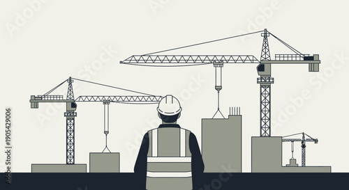 Architect overseeing urban construction crane operations on building site