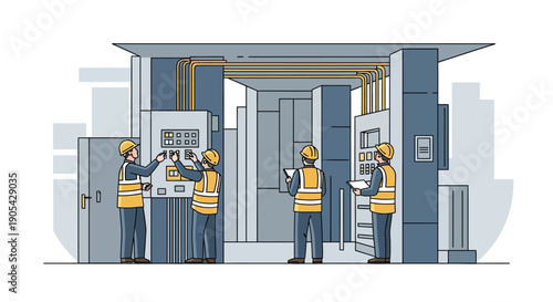 Construction workers operating machinery in modern industrial facility