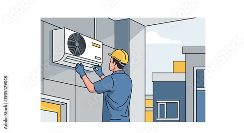 Technician installing air conditioner on building exterior in minimalist style