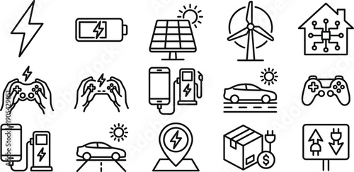 Electric vehicle charging, solar smart home, wind energy turbine, gaming controller, eco delivery package, city power grid, green electricity icons, EV.