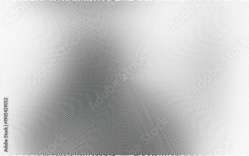 Abstract black and white radial halftone dot pattern with a spherical gradient texture effect