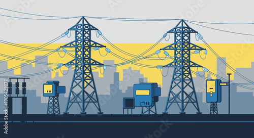 Urban energy infrastructure with power lines and cityscape horizon