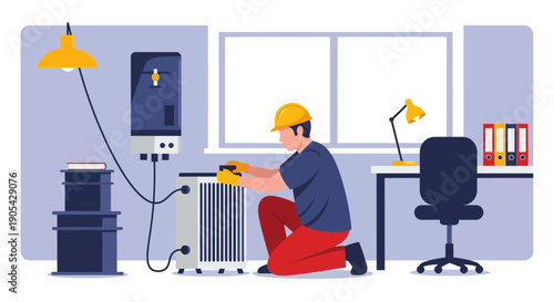 Technician repairing heater in office with modern equipment and tools