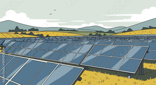 Solar panels in scenic landscape: renewable energy and sustainable future