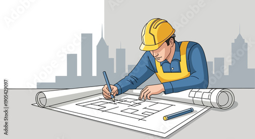 Architect drafting building plans with cityscape in background